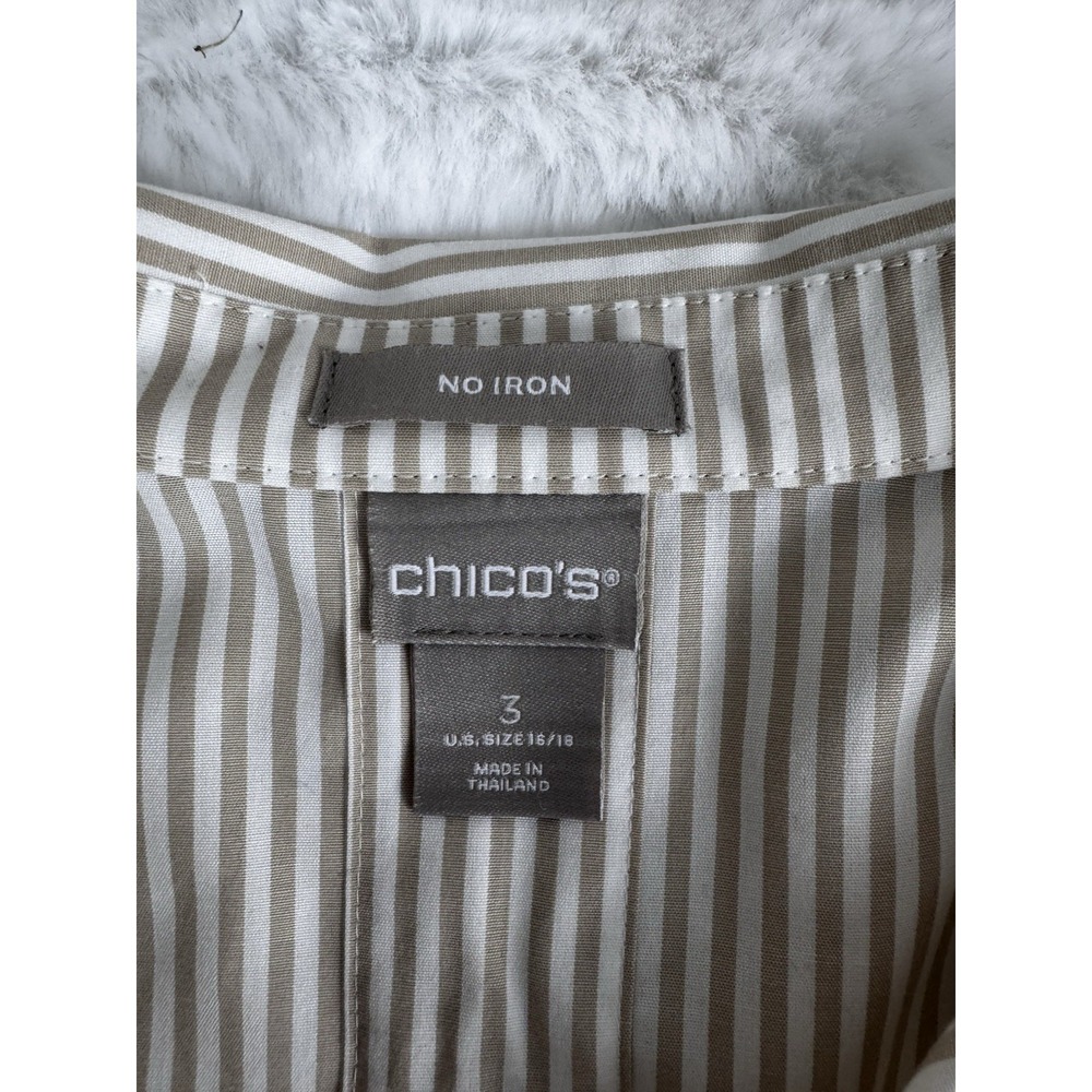 Chicos No Iron Button Up Top 3/4 Sleeve Tan White Striped Cotton Stretch 3 XL - Picture 6 of 10